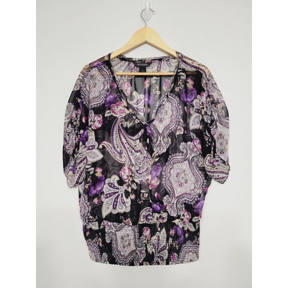 WhiteHouse BlackMarket Women's Sheer Top‎ Size Large Paisley Sleeve Tie